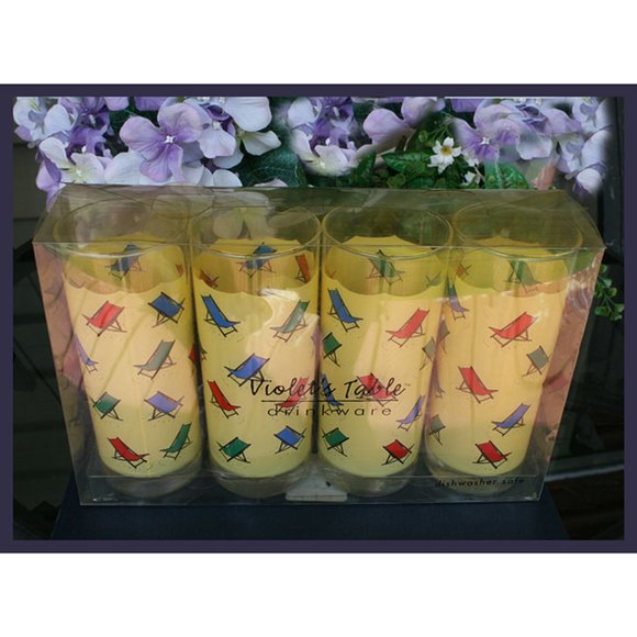 vintage set of 4 tall ice tea glasses w/chairs Violet's Table - Thailand NWT - Picture 2 of 2